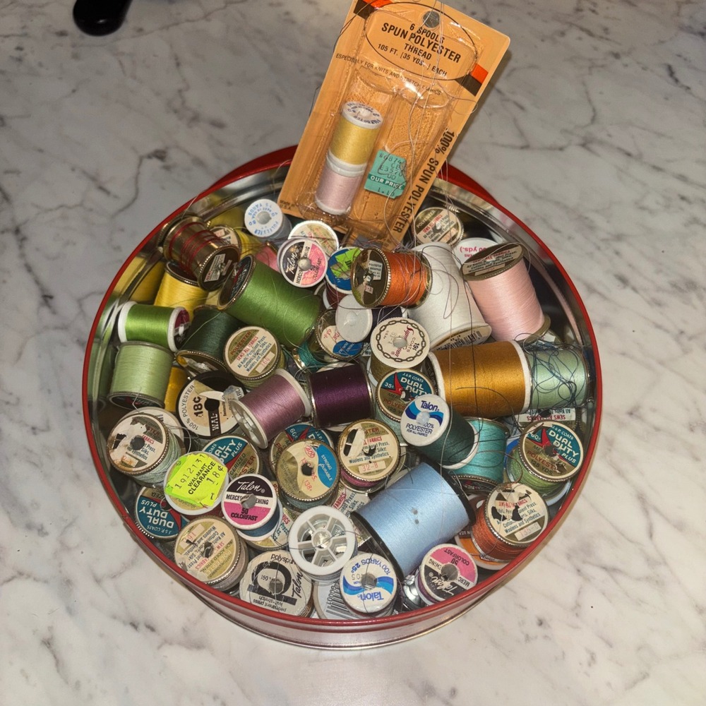 Vintage Sewing Thread Lot Talon J&P Coats Spools Red Metal Tin Mixed Colors